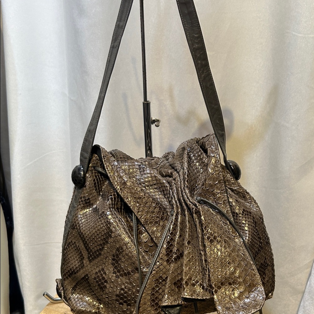 Carlos Falchi Dark Brown Snake-Embossed Drawstring Shoulder Bag